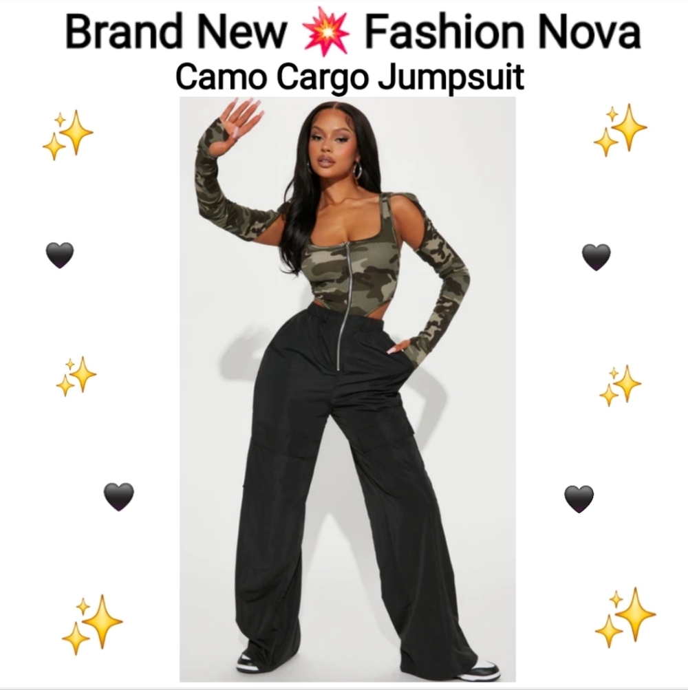 NWT 💥 Camo Cool Cargo Jumpsuit - Black/Green Fashion Nova, Size L